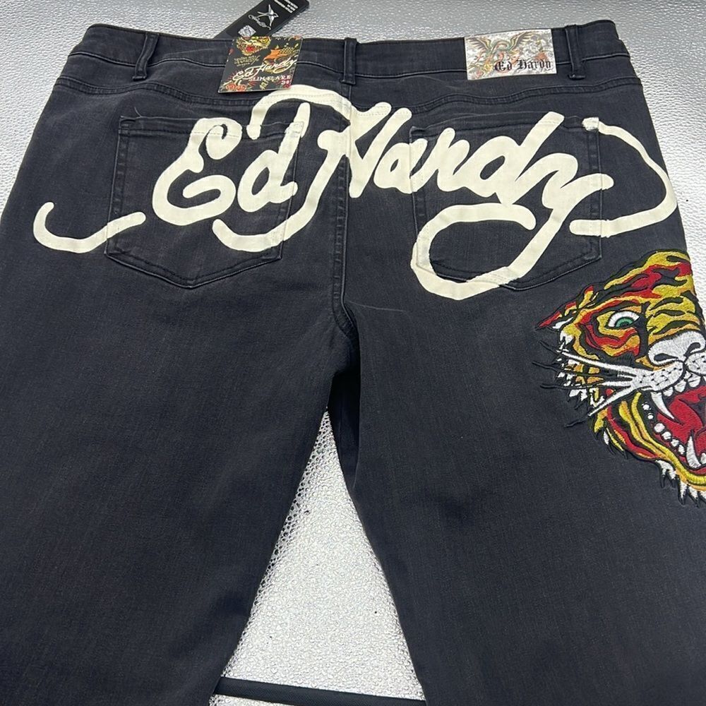 Ed Hardy faded black slim flare tiger jeans size 34